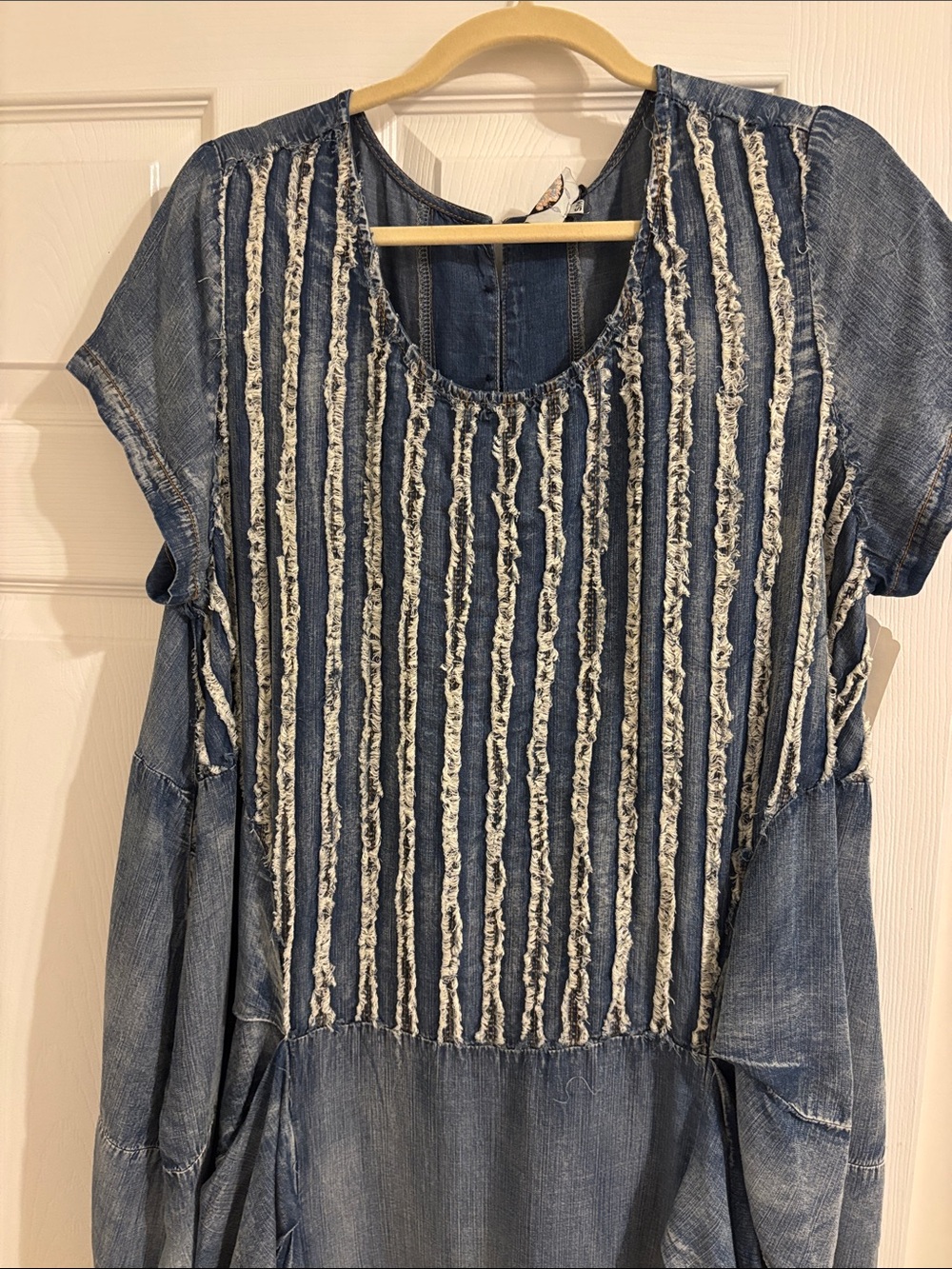 Blue Textured Boho Tunic Dress with Stripe Detail - Picture 3 of 11